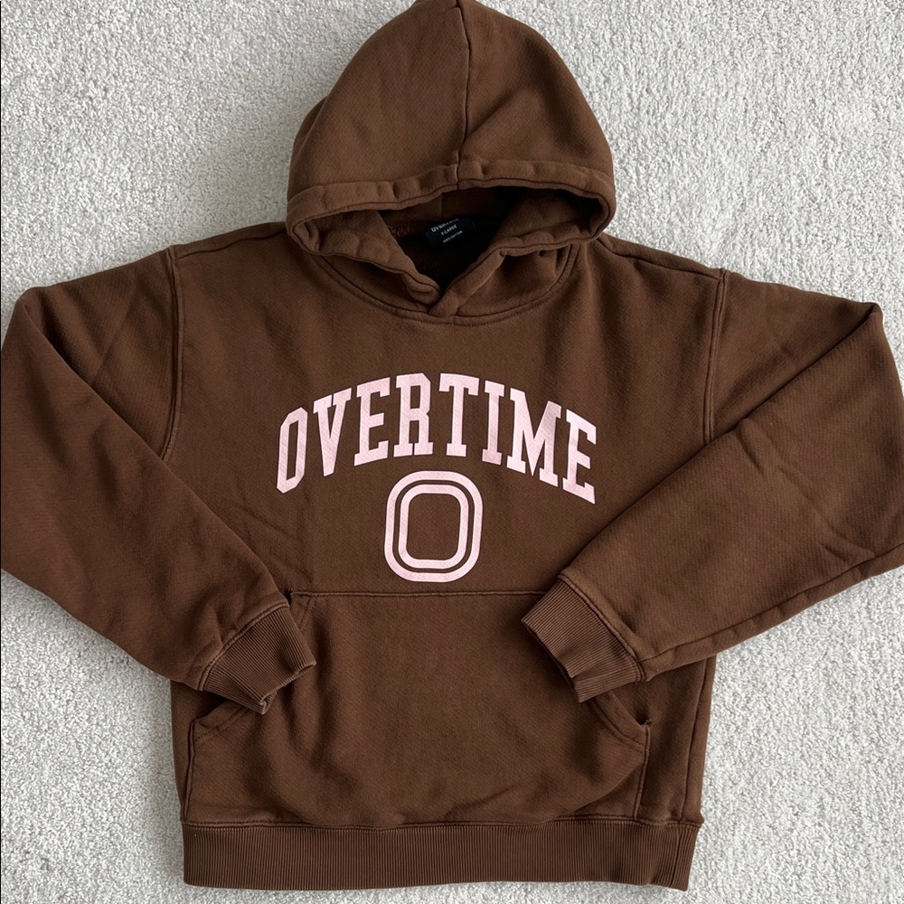 Overtime Kids Varsity Hoodie Sweatshirt - Brown with Pink Logo - size YL